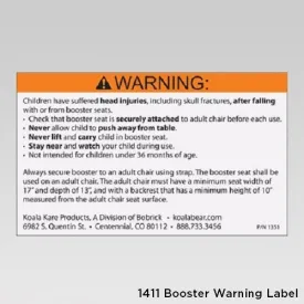 1411 - WARNING LABEL for KB854/KB855 Restaurant Booster, KB116/KB117 Booster Buddy, and KB327 Booster Chair
