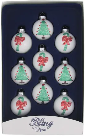 2 1/4" (57mm) Ball Ornaments, Rhinestone Tree and Candy Cane, White/Multi, 9/Box, 12/Case, 108 Pieces