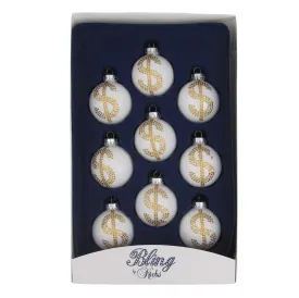 2 1/4" White Porcelain Balls with Gold Bling Rhinestone Dollar Signs - 9 Pieces