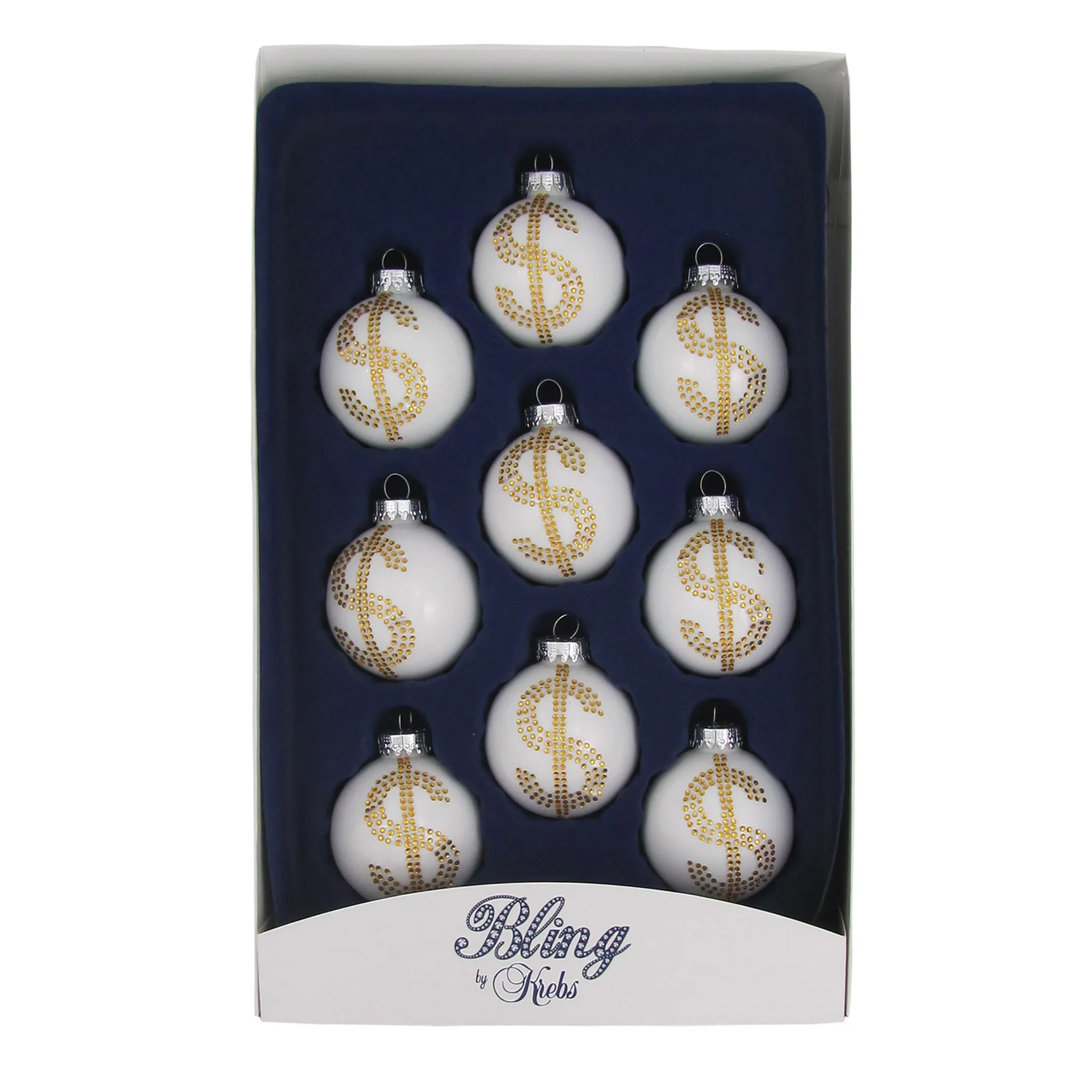 2 1/4" White Porcelain Balls with Gold Bling Rhinestone Dollar Signs - 9 Pieces