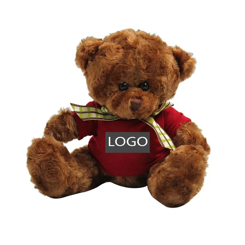 20cm Teddy Bear Plush Toy With T-Shirt And Checkered Ribbon
