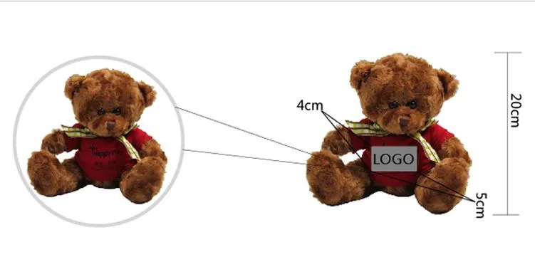 20cm Teddy Bear Plush Toy With T-Shirt And Checkered Ribbon