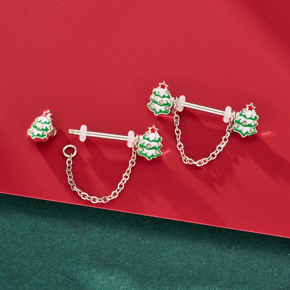 2Pcs 14G Snow Covered Chrismas Tree Dangle Nipple Barbell