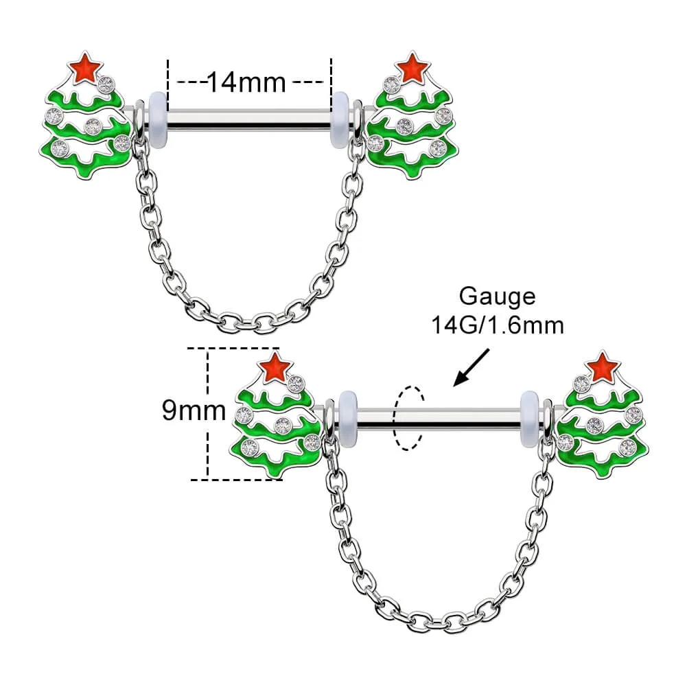2Pcs 14G Snow Covered Chrismas Tree Dangle Nipple Barbell
