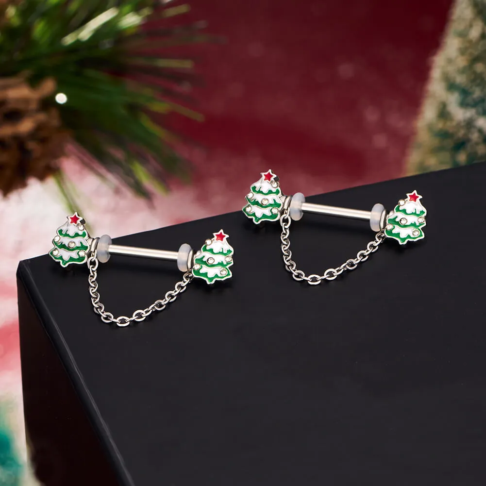 2Pcs 14G Snow Covered Chrismas Tree Dangle Nipple Barbell