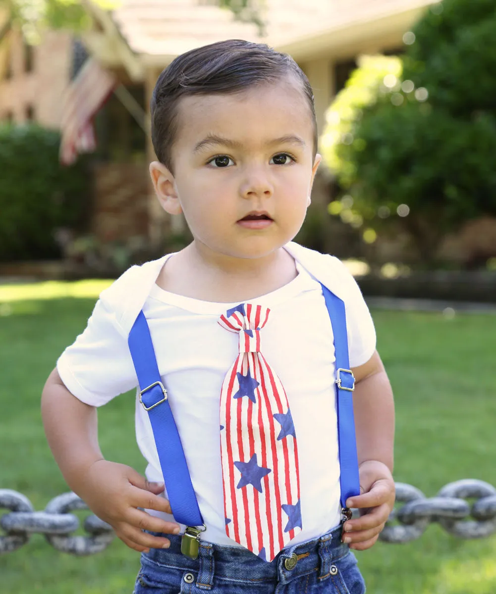 4th of July Outfit Baby Boy  Outfit Patriotic Blue Suspenders and Star Stripe Tie