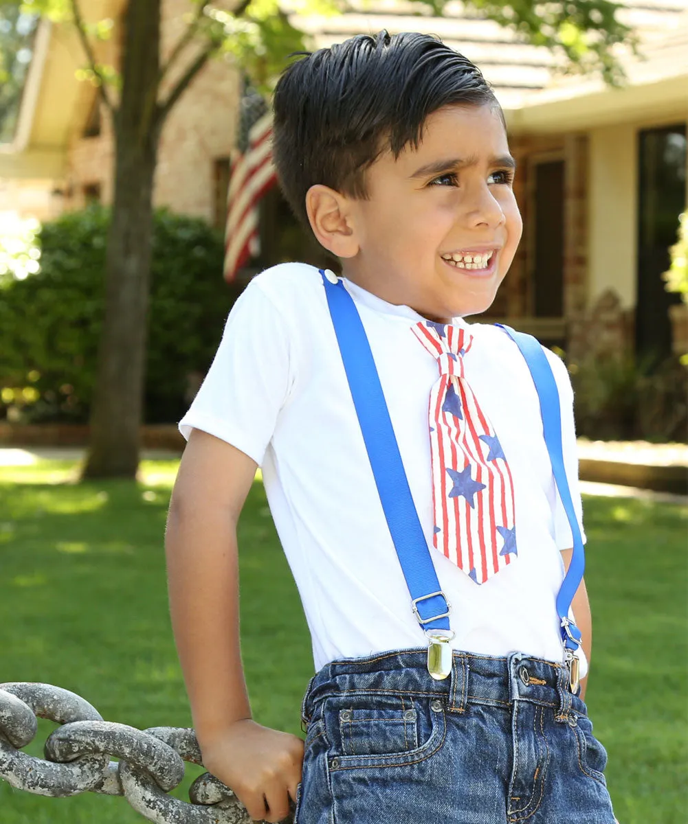 4th of July Outfit Baby Boy  Outfit Patriotic Blue Suspenders and Star Stripe Tie