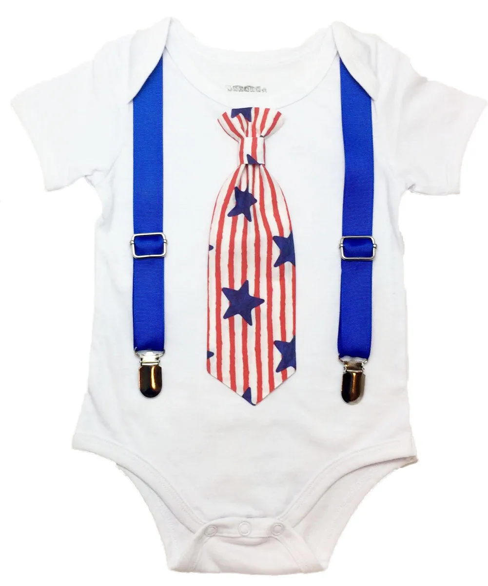 4th of July Outfit Baby Boy  Outfit Patriotic Blue Suspenders and Star Stripe Tie