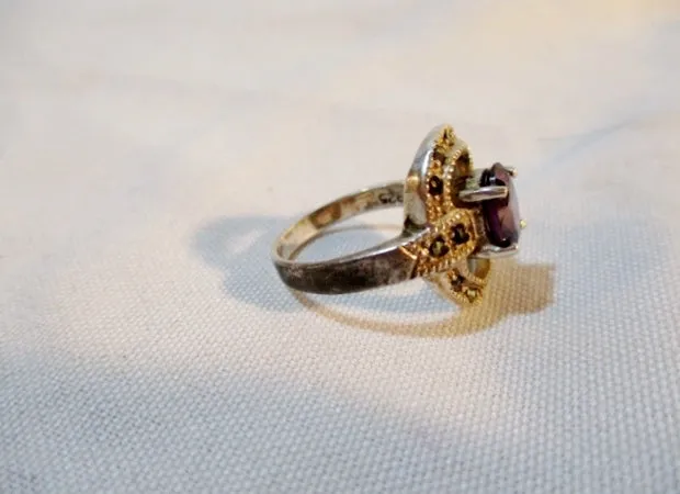 925 STERLING Silver Ring Sz 9 AMETHYST PURPLE Marcasite 6g STATEMENT Band Jewelry Wedding