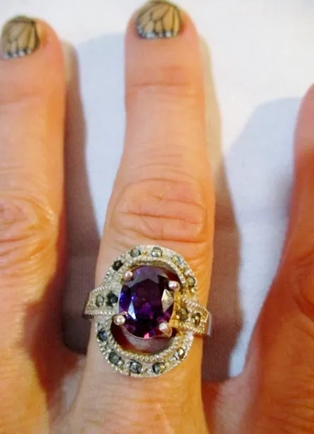 925 STERLING Silver Ring Sz 9 AMETHYST PURPLE Marcasite 6g STATEMENT Band Jewelry Wedding