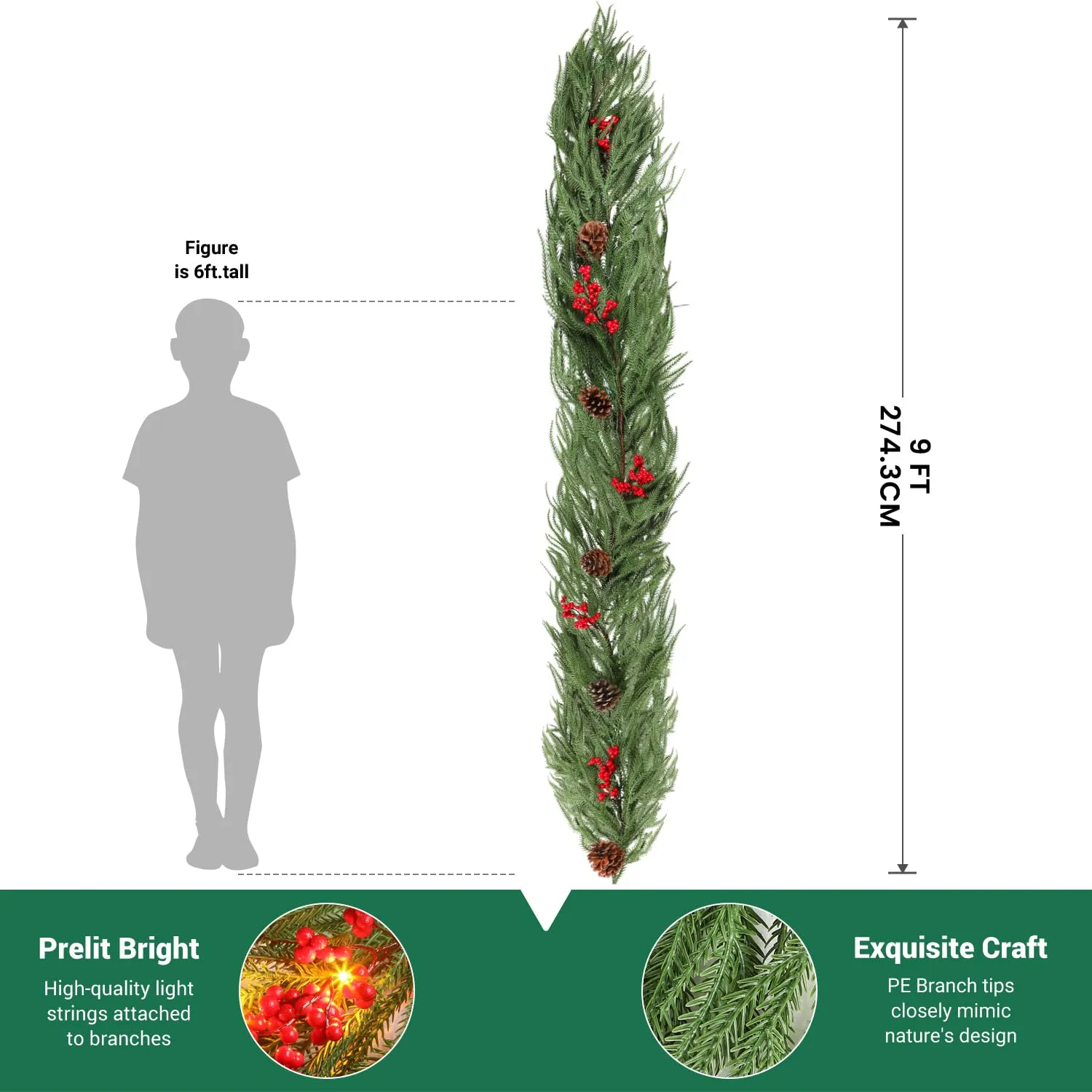 9FT Prelit Faux Garland Christmas Decorations