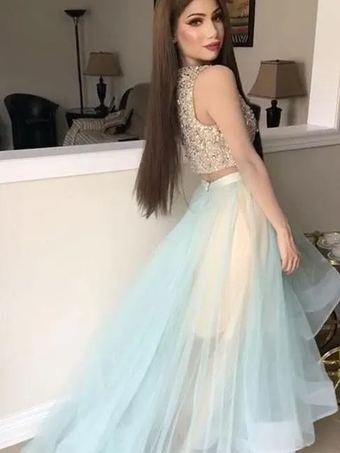 A-line Bateau Sweep Train Organza Sequined Two Piece Prom Dress 3059