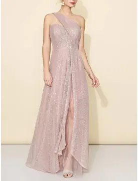 A-Line Bridesmaid Dress One Shoulder Sleeveless Elegant Sweep / Brush Train Sequined with Split Front / Ruching