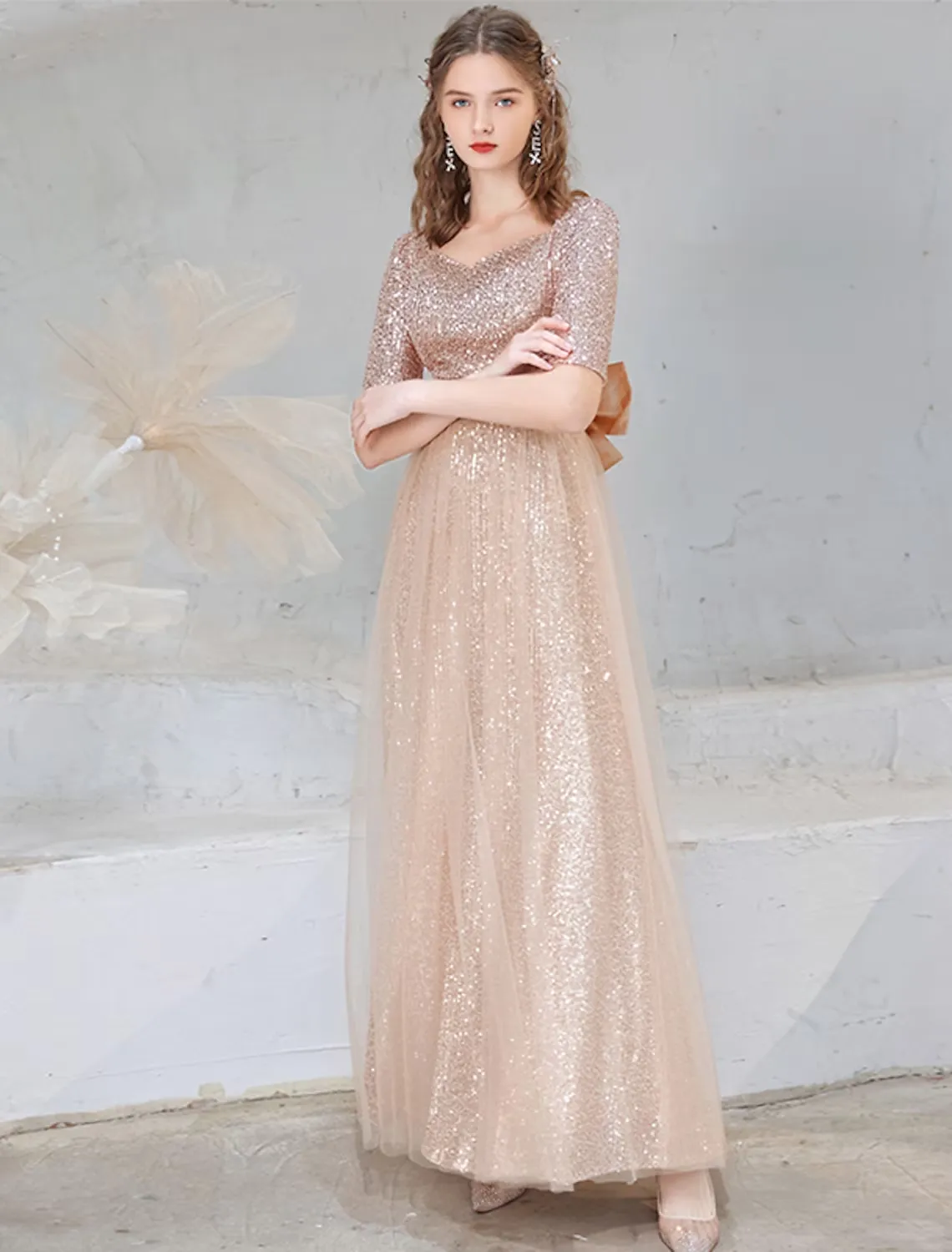 A-Line Evening Gown Sparkle Dress Wedding Guest Floor Length Half Sleeve V Neck Sequined with Bow(s) Sequin