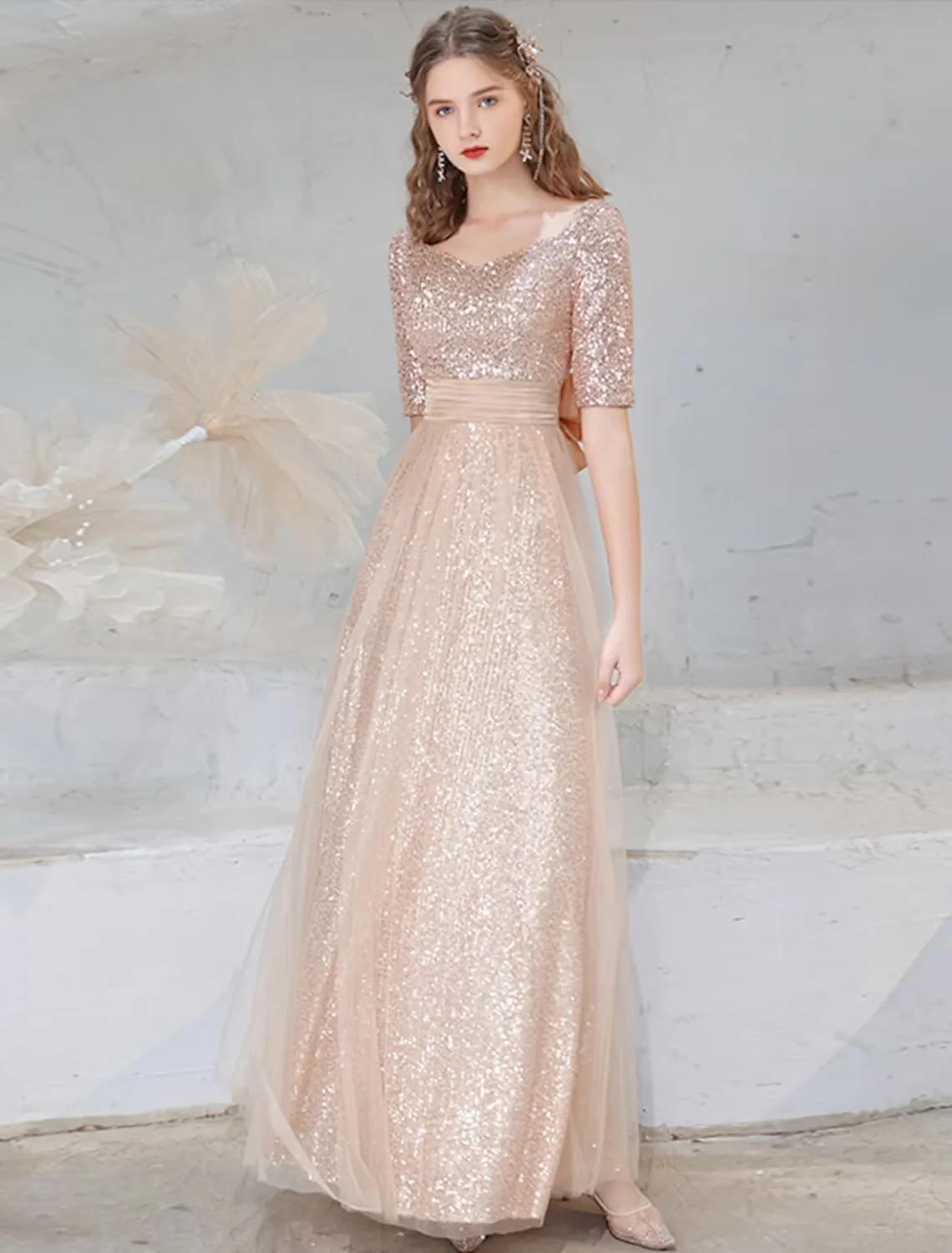 A-Line Evening Gown Sparkle Dress Wedding Guest Floor Length Half Sleeve V Neck Sequined with Bow(s) Sequin
