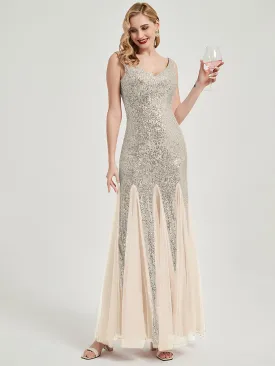 Apricot Grey Sequin Tulle V-Neck Sleeveless Maxi Mermaid Evening Dress