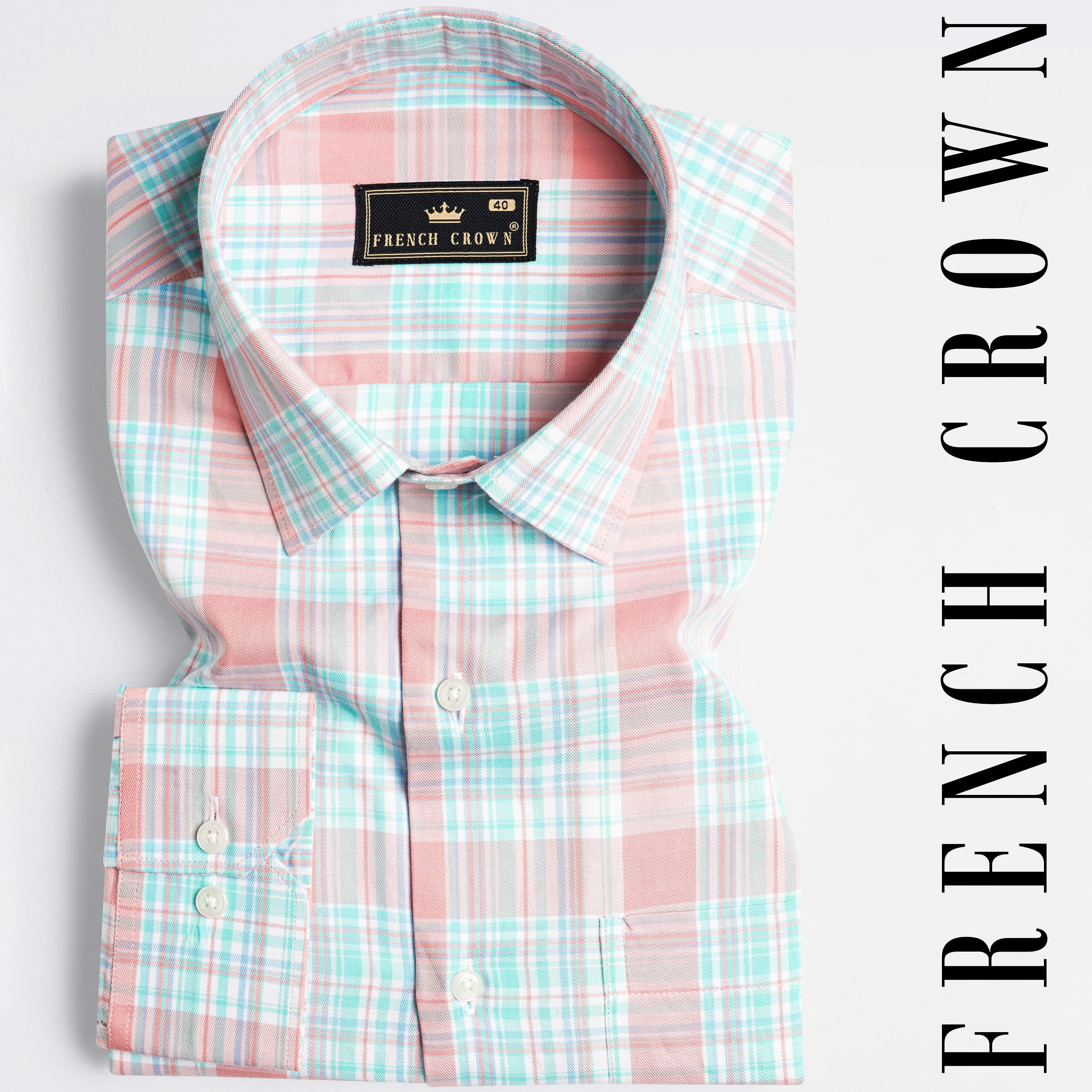 Beauty Pink and Moonstone Blue Twill Checkered Premium Cotton Shirt