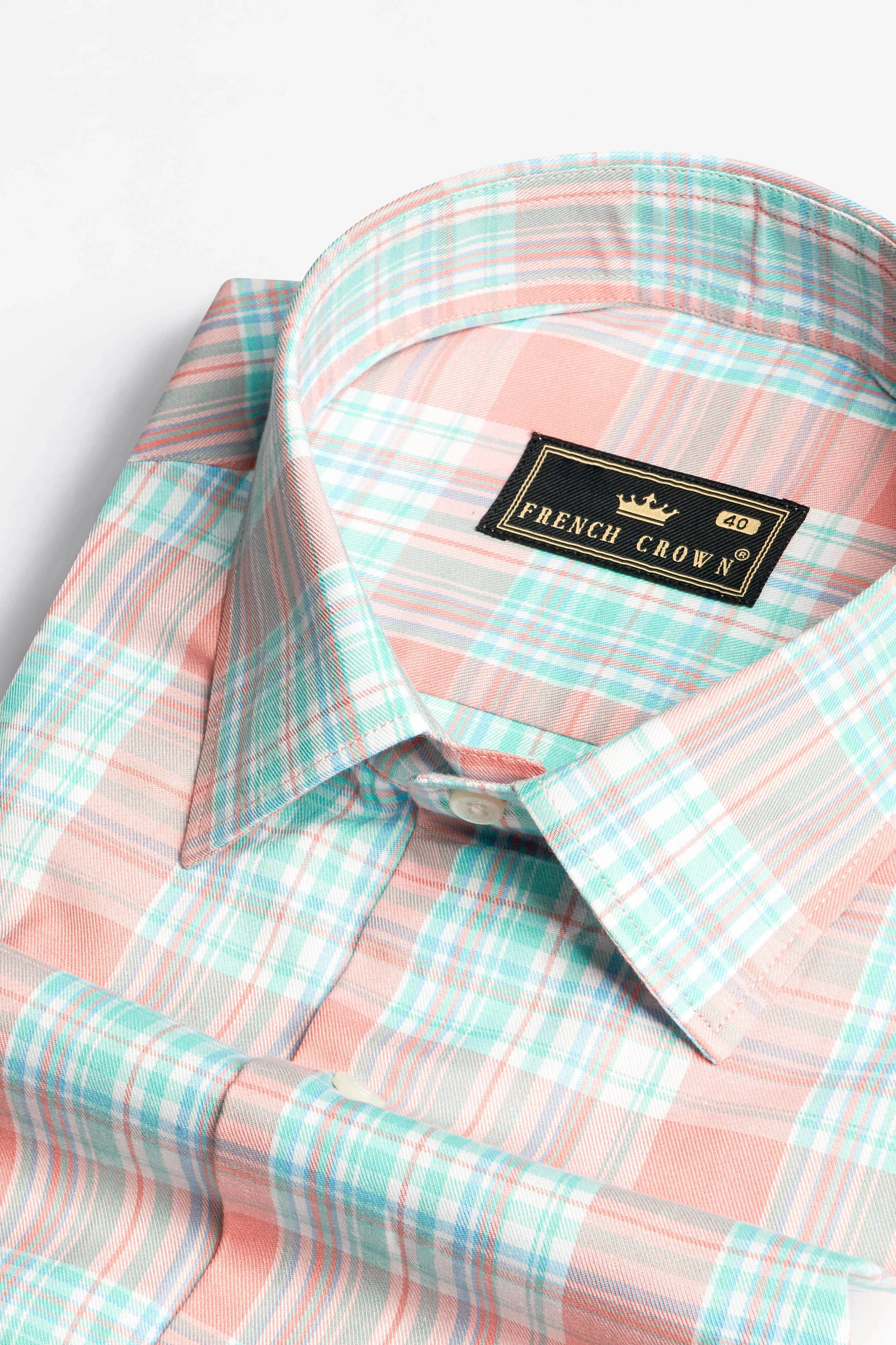 Beauty Pink and Moonstone Blue Twill Checkered Premium Cotton Shirt