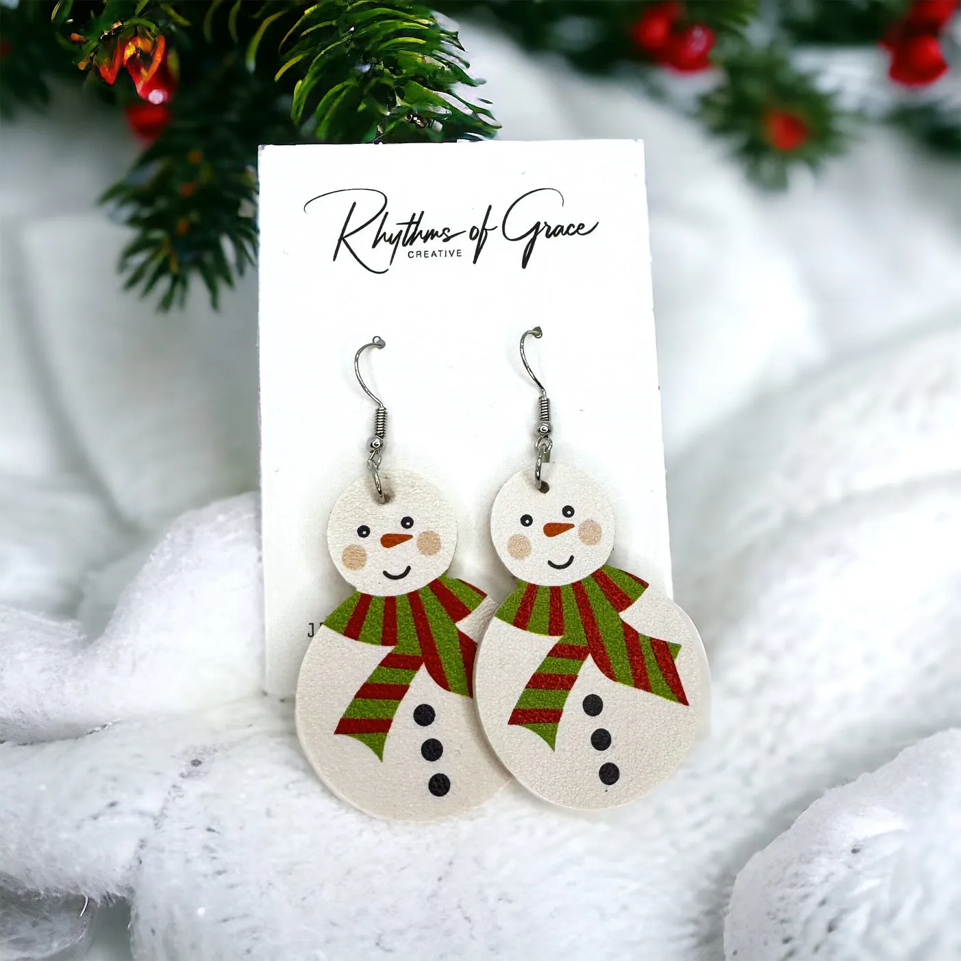 Christmas Earrings - Snowman Earrings, Christmas Jewelry, Handmade Earrings, Frosty the Snowman, Snowflake Earring