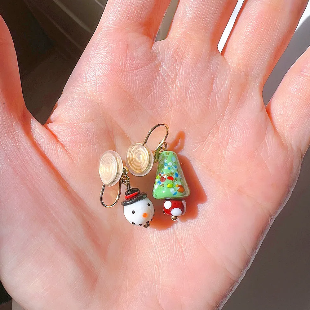 Christmas Jewelry Clip On Earrings Xmas Tree & Snowman gold-plated brass earring clips