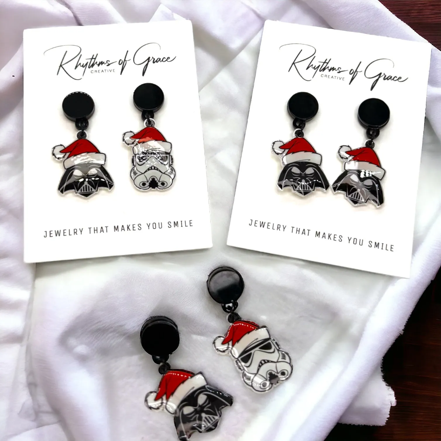 Christmas Star Wars Earrings - Santa Hat, Christmas Earrings, Christmas Jewelry, Science Fiction, Handmade Earrings