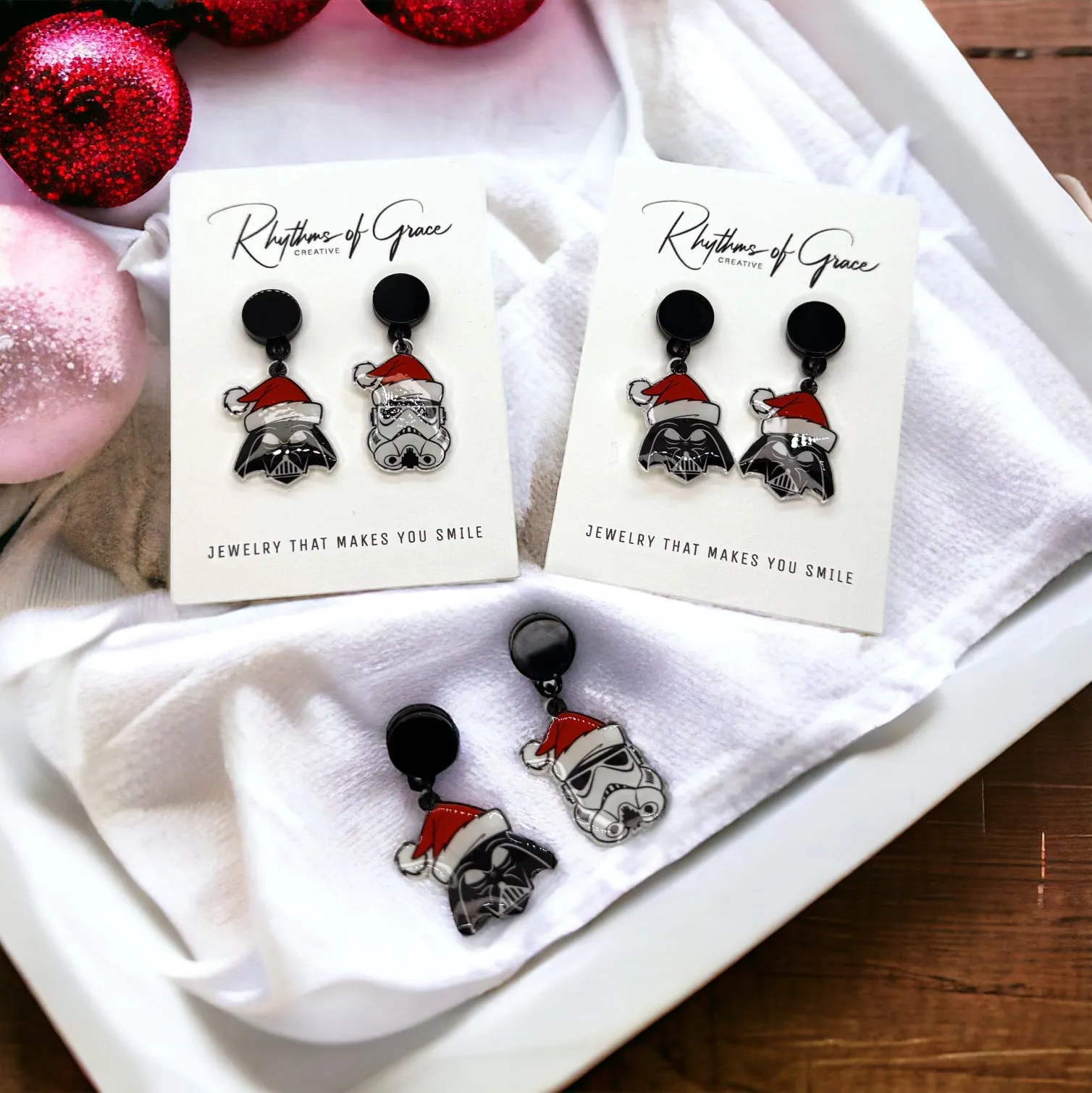Christmas Star Wars Earrings - Santa Hat, Christmas Earrings, Christmas Jewelry, Science Fiction, Handmade Earrings