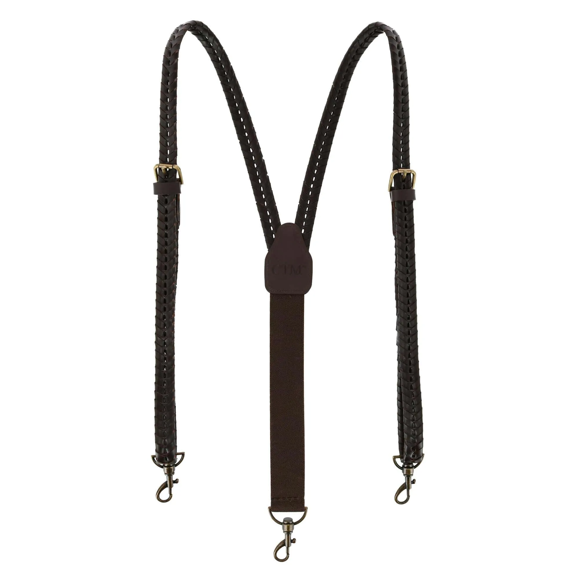 CTM® Men's Coated Leather Flat Braided Suspenders with Metal Swivel Hook Ends