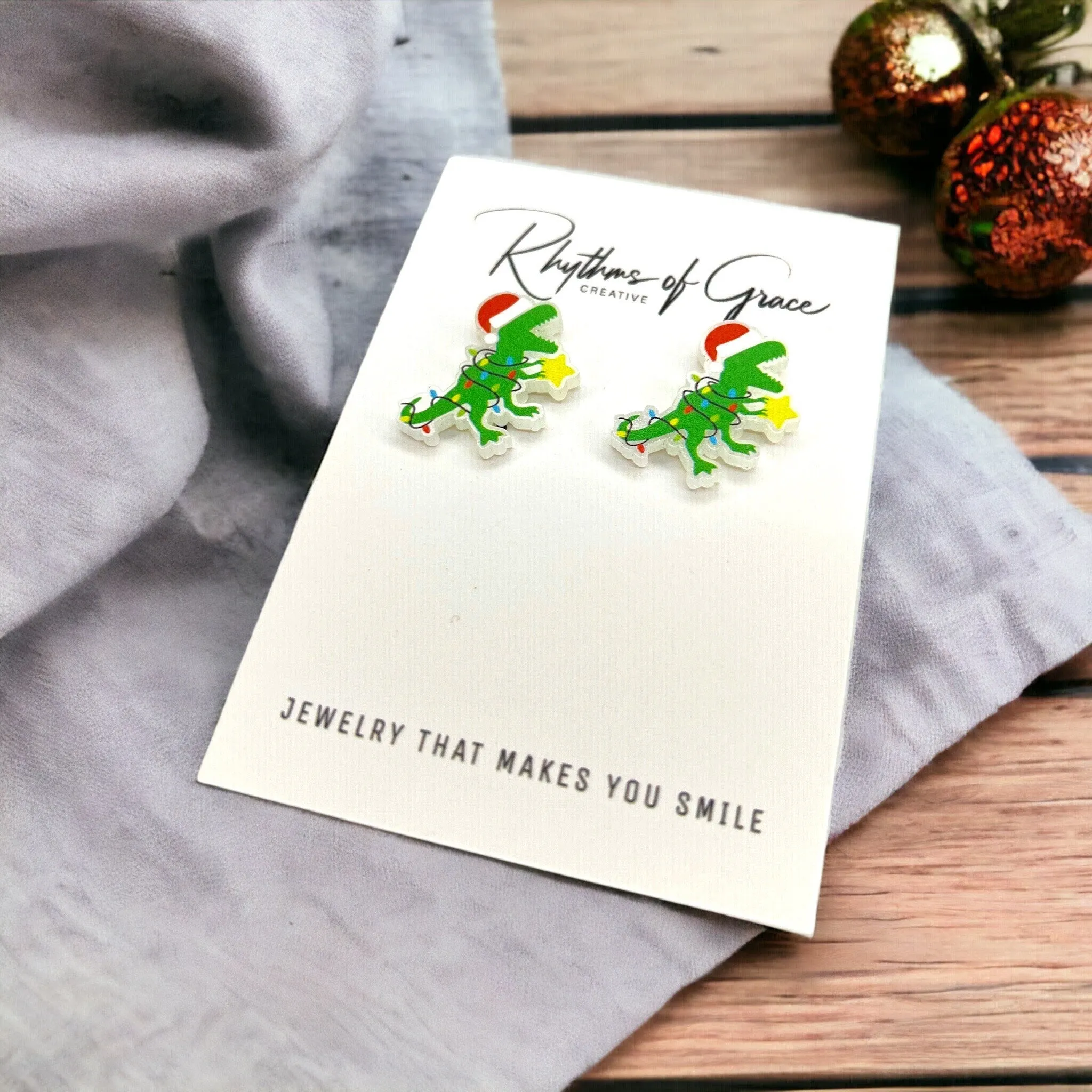 Dinosaur Earrings, Christmas Dinosaur, Christmas Earrings, Christmas Jewelry, Christmas Studs, Handmade Earrings, Dinosaur Jewelry