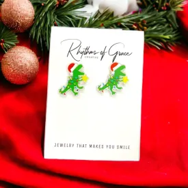 Dinosaur Earrings, Christmas Dinosaur, Christmas Earrings, Christmas Jewelry, Christmas Studs, Handmade Earrings, Dinosaur Jewelry