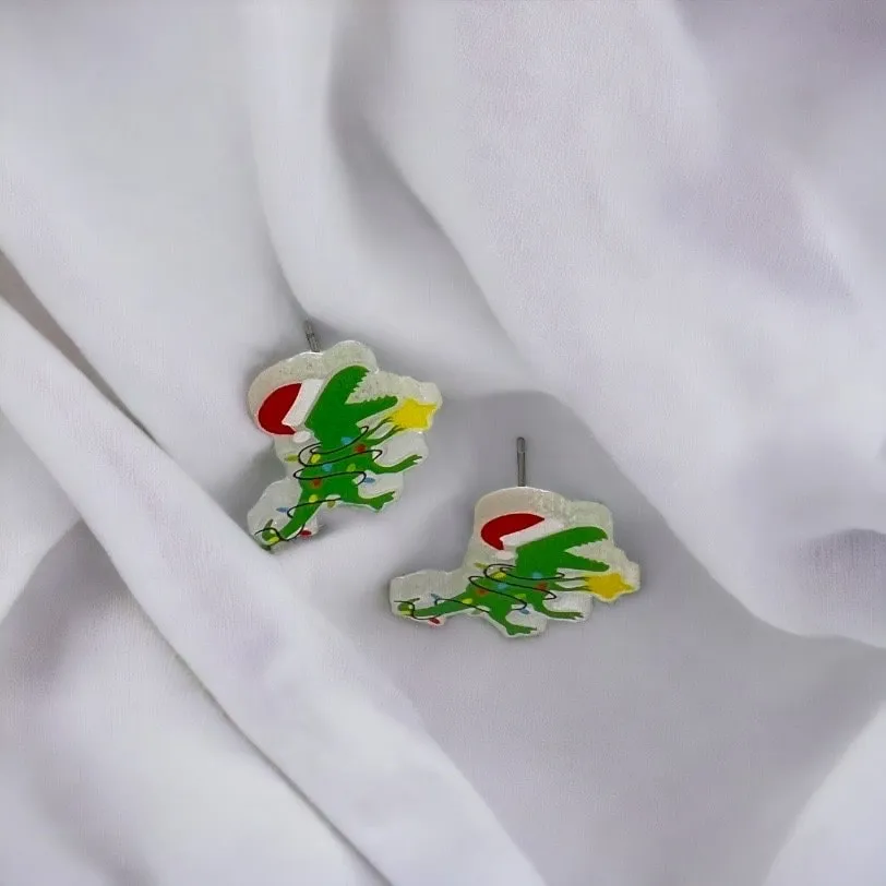 Dinosaur Earrings, Christmas Dinosaur, Christmas Earrings, Christmas Jewelry, Christmas Studs, Handmade Earrings, Dinosaur Jewelry