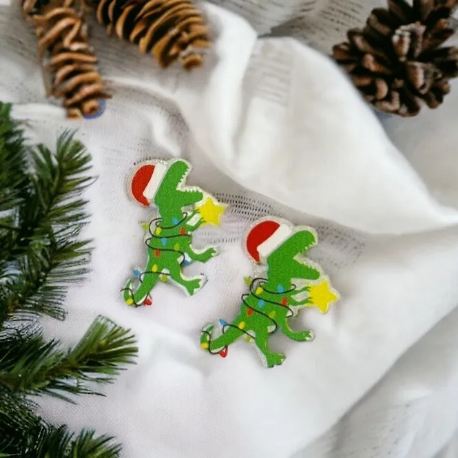 Dinosaur Earrings, Christmas Dinosaur, Christmas Earrings, Christmas Jewelry, Christmas Studs, Handmade Earrings, Dinosaur Jewelry