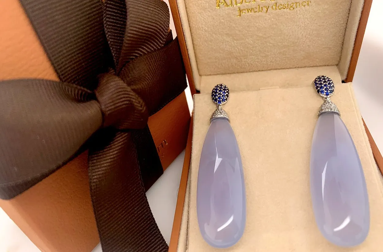 Earrings 18kt Chalcedony Drops with Ceylon Sapphires & Diamonds
