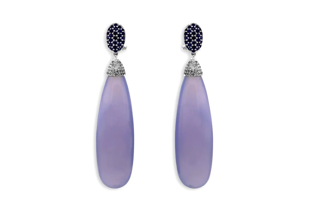 Earrings 18kt Chalcedony Drops with Ceylon Sapphires & Diamonds