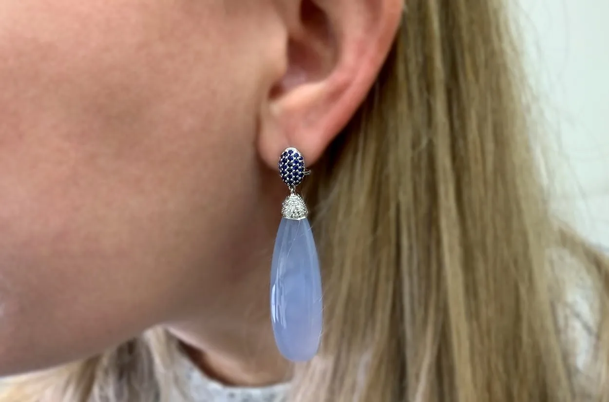 Earrings 18kt Chalcedony Drops with Ceylon Sapphires & Diamonds