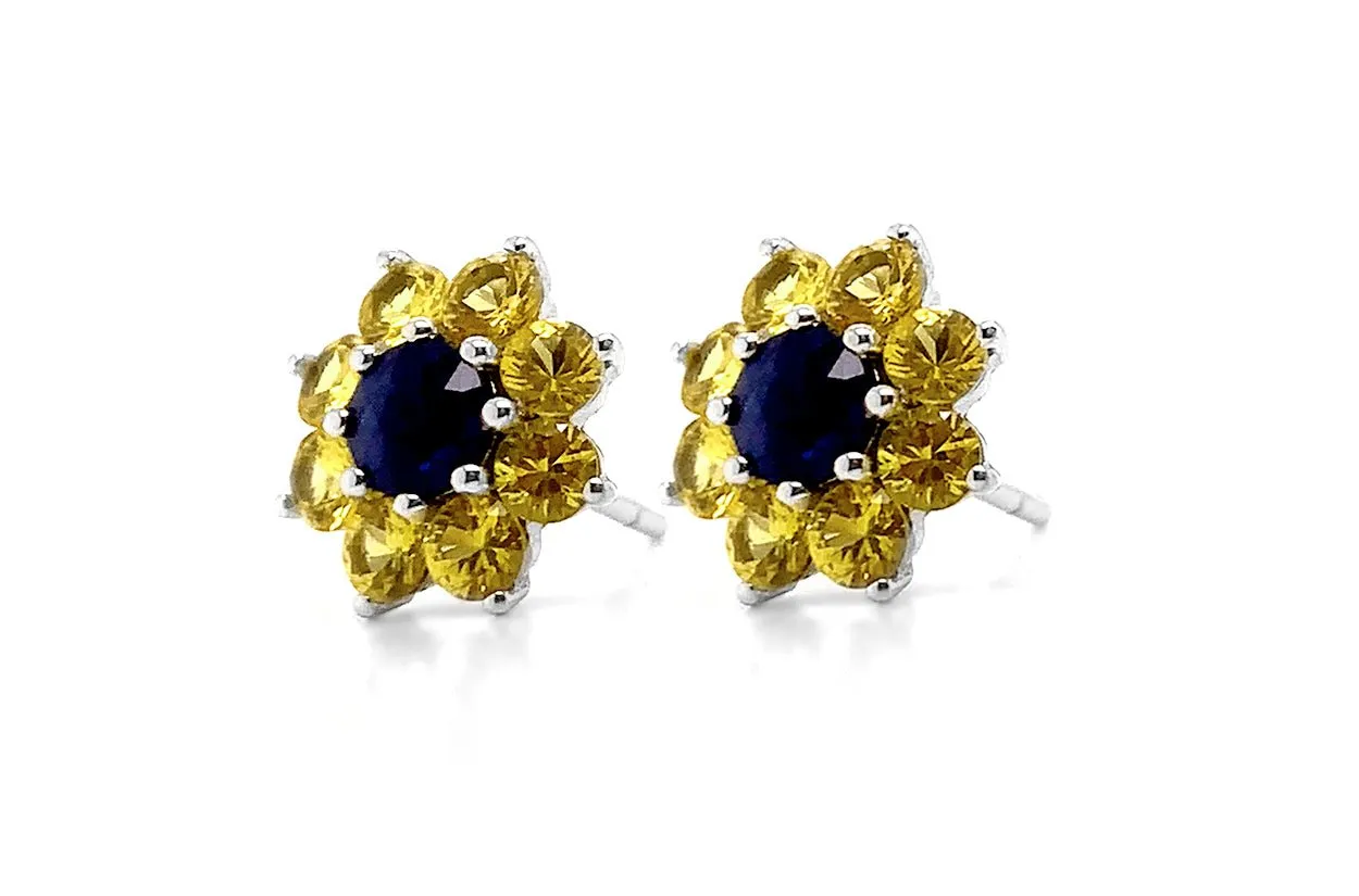 Earrings 18kt Gold Sunflowers with Sapphires Stud