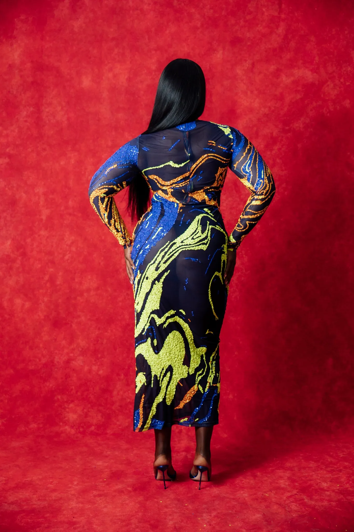 Navy Gaia Long Sleeve Embellished Mesh Dress with Print