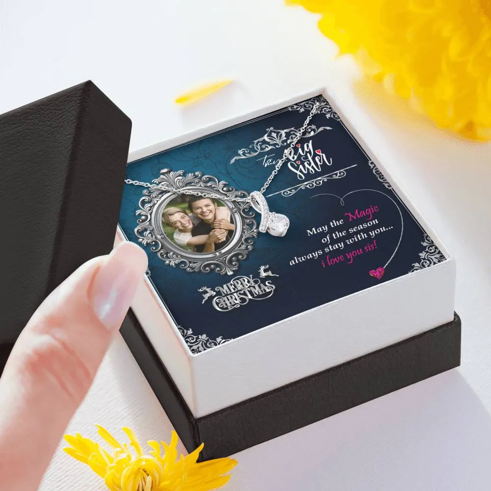 Gifts For Big Sister 7mm Round Cut Cubic Zirconia Necklace With Custom Photo Marry Christmas Message Card
