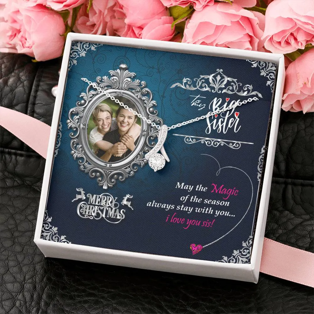 Gifts For Big Sister 7mm Round Cut Cubic Zirconia Necklace With Custom Photo Marry Christmas Message Card