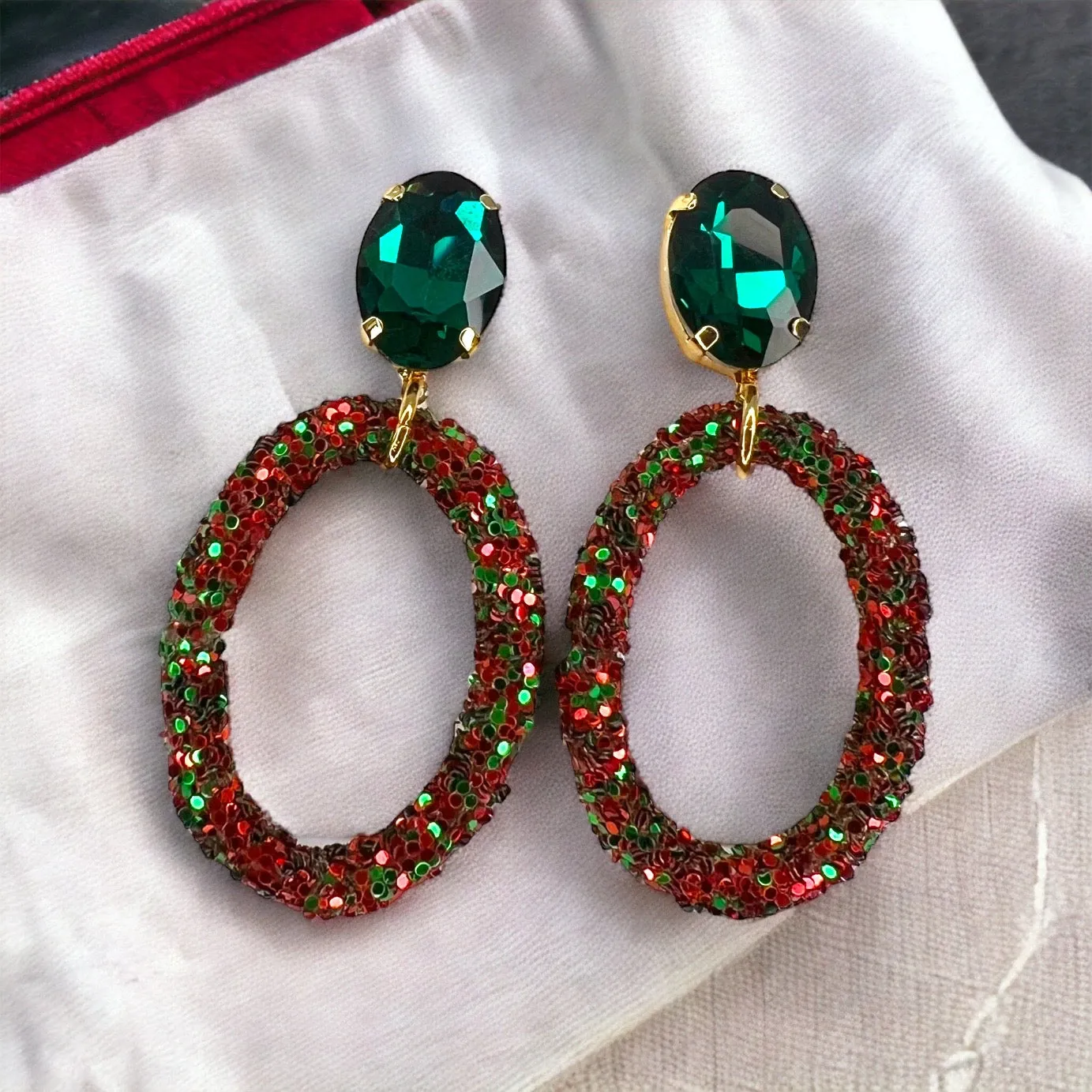 Glitter Christmas Earrings - Red and Green, Christmas Rhinestones, Dangle Earrings, Holiday Earrings, Red Rhinestones, Green Rhinestones