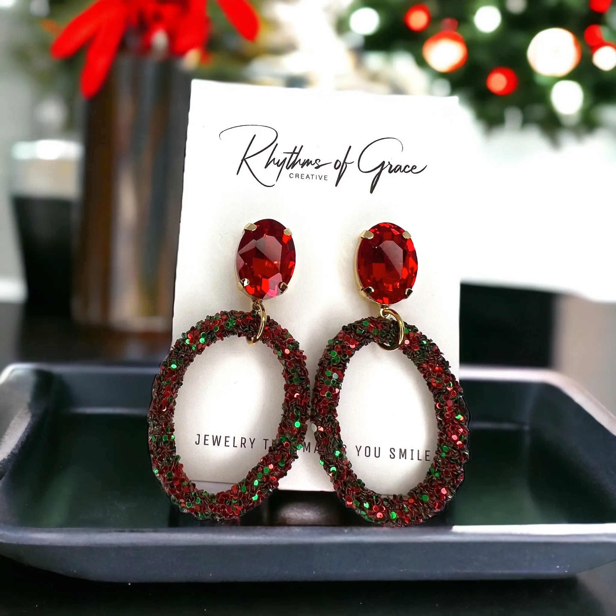 Glitter Christmas Earrings - Red and Green, Christmas Rhinestones, Dangle Earrings, Holiday Earrings, Red Rhinestones, Green Rhinestones