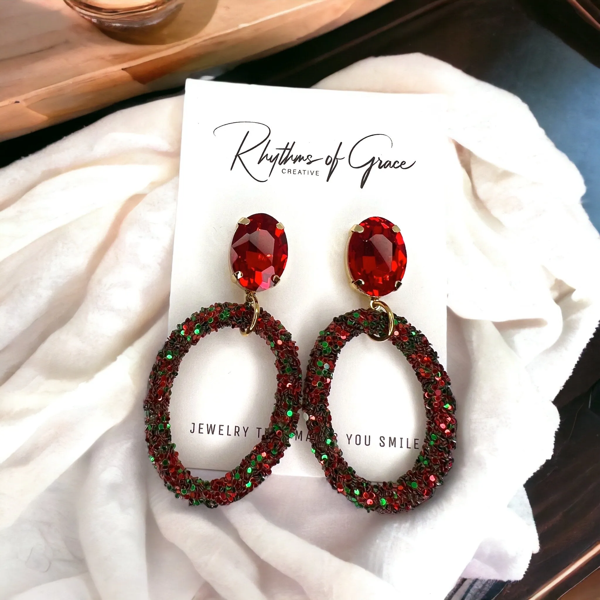 Glitter Christmas Earrings - Red and Green, Christmas Rhinestones, Dangle Earrings, Holiday Earrings, Red Rhinestones, Green Rhinestones
