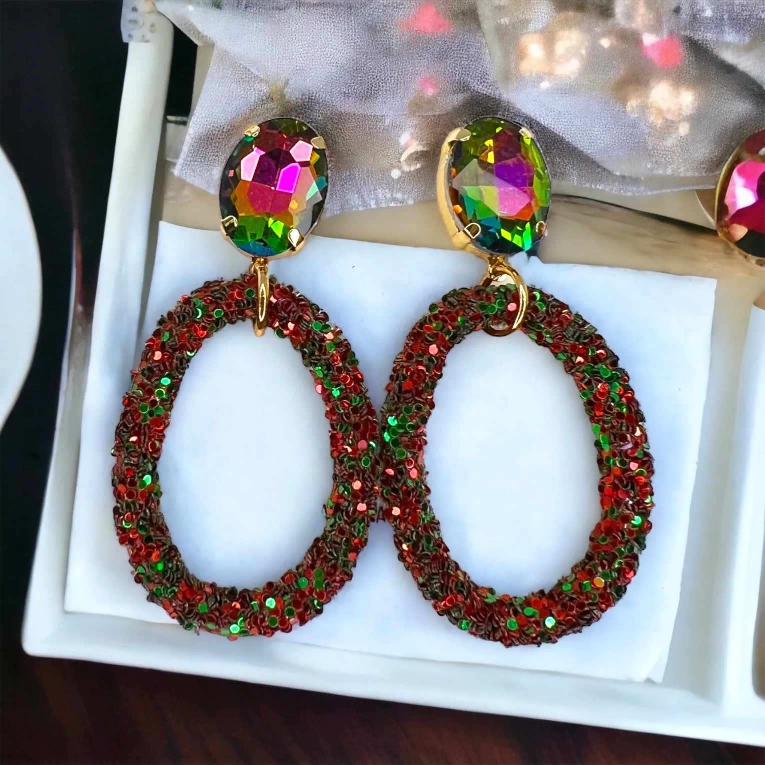 Glitter Christmas Earrings - Red and Green, Christmas Rhinestones, Dangle Earrings, Holiday Earrings, Red Rhinestones, Green Rhinestones