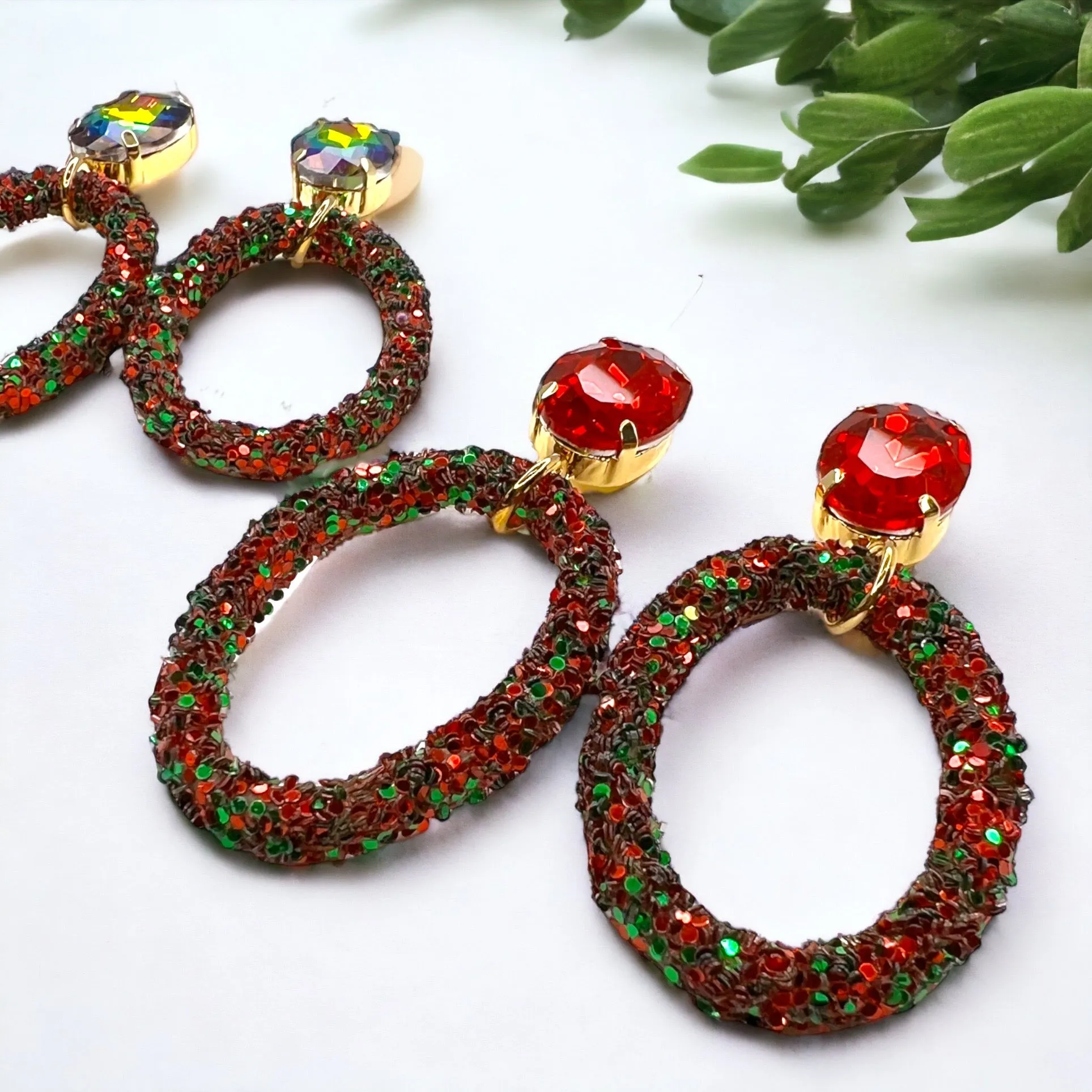 Glitter Christmas Earrings - Red and Green, Christmas Rhinestones, Dangle Earrings, Holiday Earrings, Red Rhinestones, Green Rhinestones