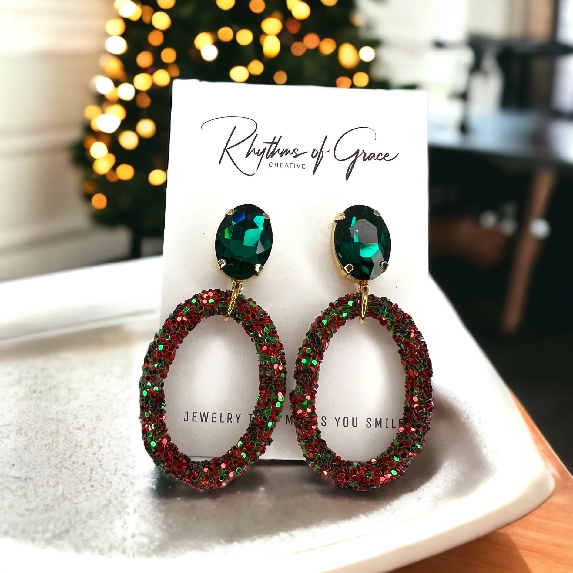 Glitter Christmas Earrings - Red and Green, Christmas Rhinestones, Dangle Earrings, Holiday Earrings, Red Rhinestones, Green Rhinestones