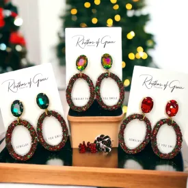 Glitter Christmas Earrings - Red and Green, Christmas Rhinestones, Dangle Earrings, Holiday Earrings, Red Rhinestones, Green Rhinestones