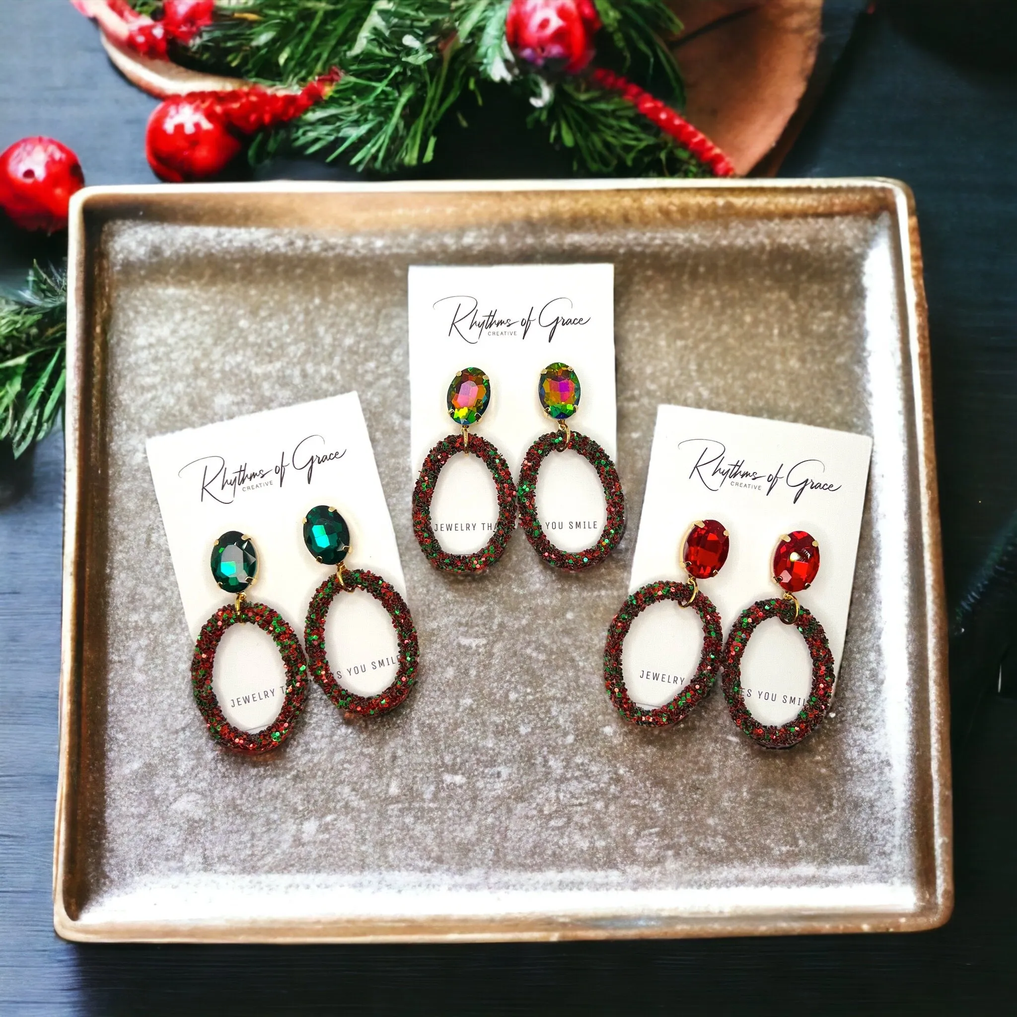 Glitter Christmas Earrings - Red and Green, Christmas Rhinestones, Dangle Earrings, Holiday Earrings, Red Rhinestones, Green Rhinestones