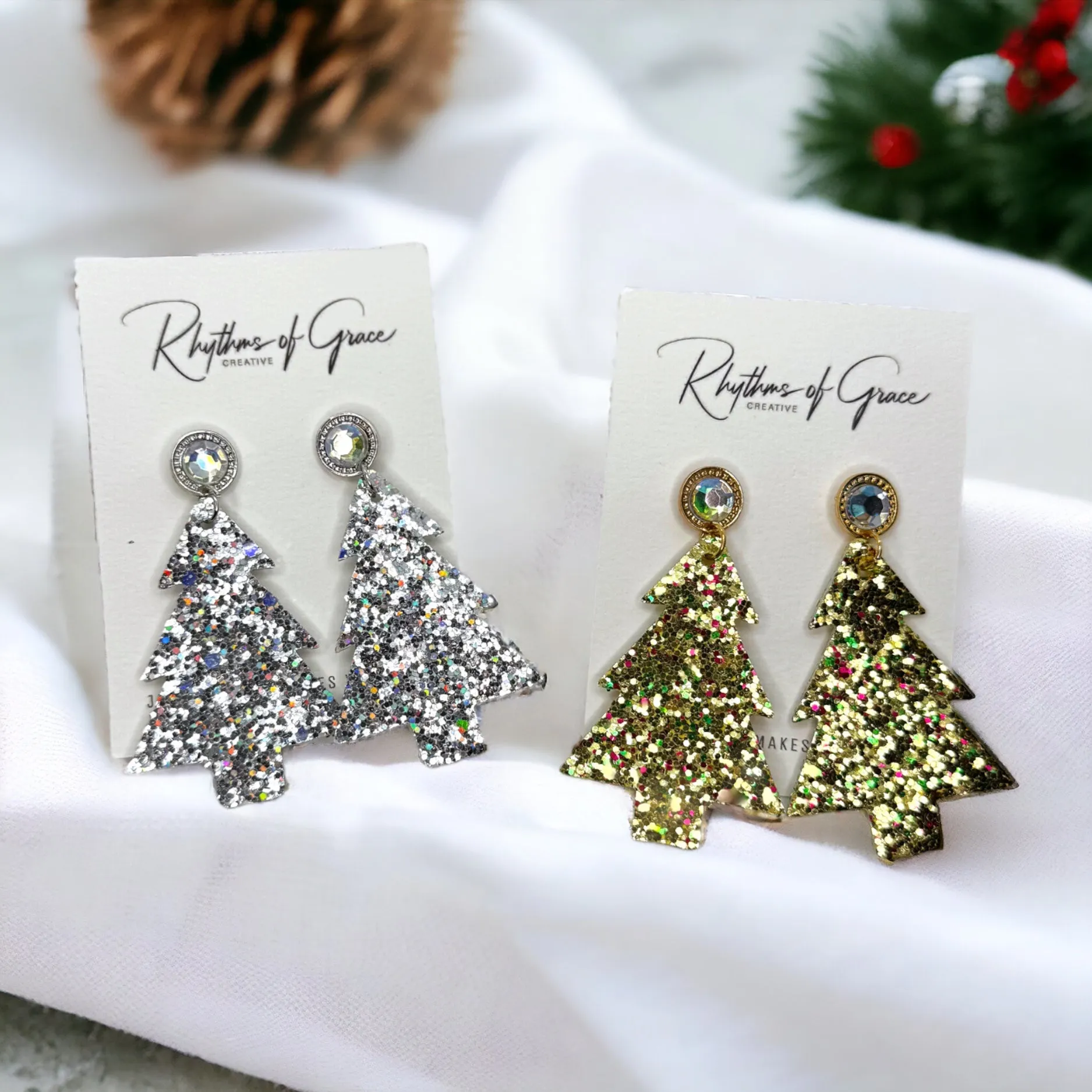 Glitter Christmas Tree Earrings - Christmas Earrings, Rhinestone Christmas, Christmas Jewelry, Christmas Jewelry, Handmade Earrings, Glitter Trees
