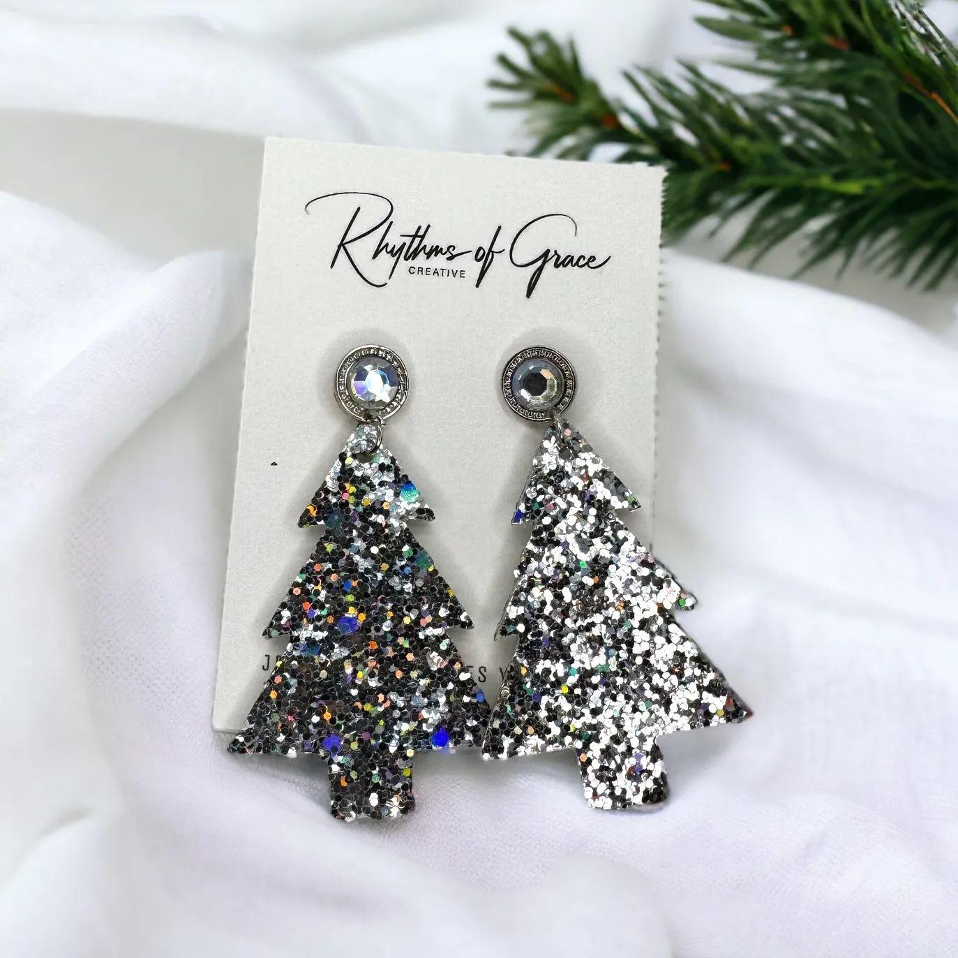 Glitter Christmas Tree Earrings - Christmas Earrings, Rhinestone Christmas, Christmas Jewelry, Christmas Jewelry, Handmade Earrings, Glitter Trees