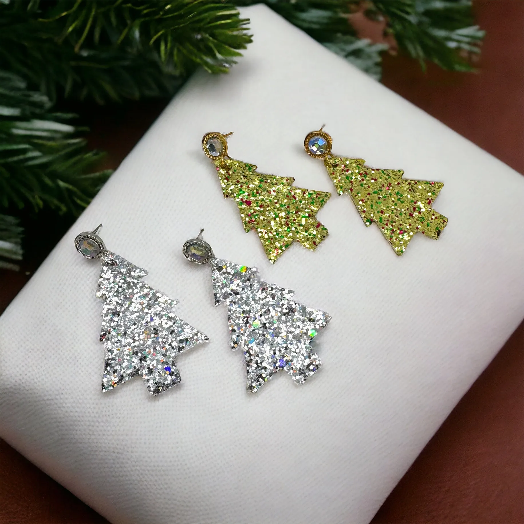 Glitter Christmas Tree Earrings - Christmas Earrings, Rhinestone Christmas, Christmas Jewelry, Christmas Jewelry, Handmade Earrings, Glitter Trees