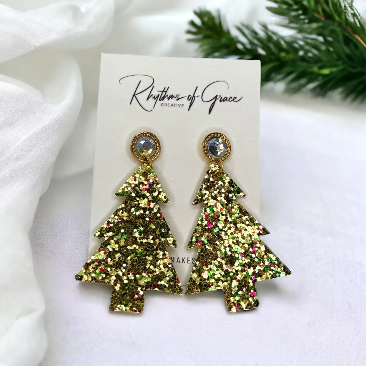 Glitter Christmas Tree Earrings - Christmas Earrings, Rhinestone Christmas, Christmas Jewelry, Christmas Jewelry, Handmade Earrings, Glitter Trees
